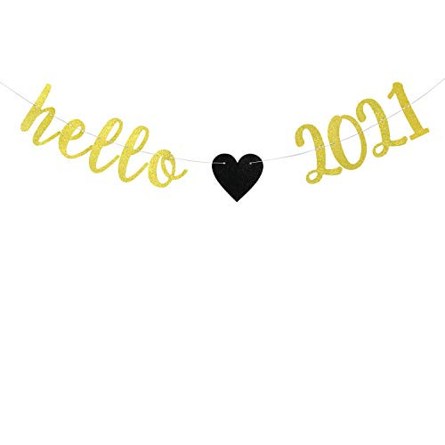 Glitter Hello 2021 Banner-Cheers to 2021 Party Decorating-Happy New year Party Decor Supplies-New Year SignGold and Black