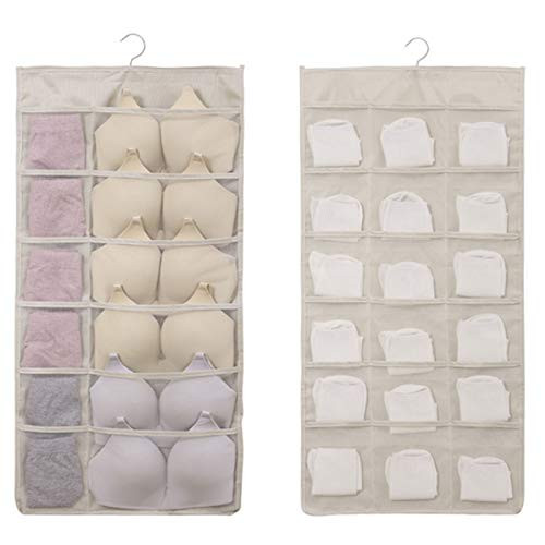 LXTaoler Closet Hanging Organizer Underwear Hanging Storage with Mesh Pockets  and  Rotating Metal Hanger Dual Sided Wardrobe Storage Bags for Bra Underwear Underpants and Socks 30 Pockets Beige