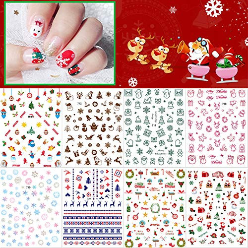 Christmas Nail Art Stickers 8 Sheets Winter 3D Self-adhesive Nail Art Decals Snowflakes Snowmen Santa Tree Reindeer Nail Design for Women Kids Girl Christmas Party Nail Salon DIY Decorations