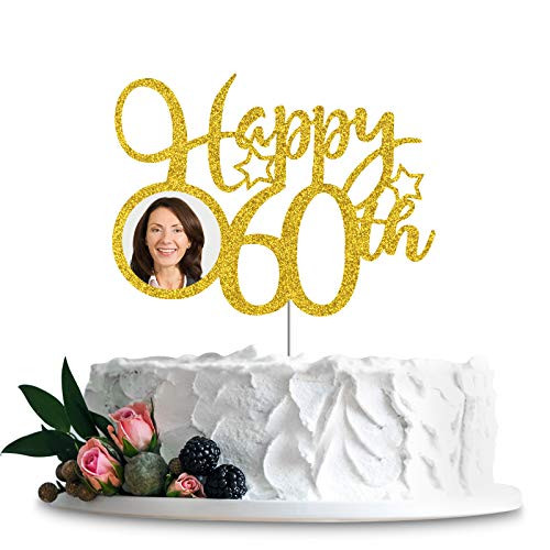 Happy 60th Cake Topper with Photo Frame Happy 60th Birthday Cheers to 60 Years Happy 60th Anniversary Hello 60 60th Birthday Party Decoration Supplies - Gold Glitter