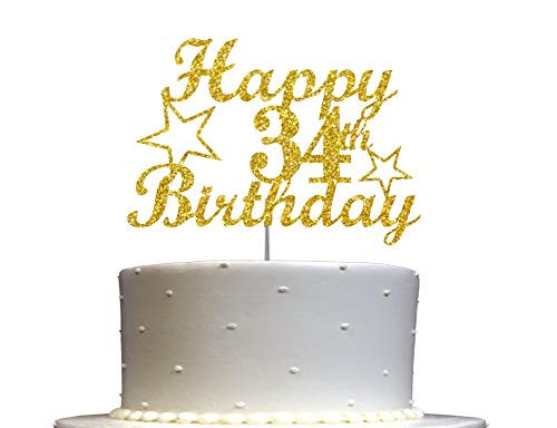 34 Birthday Cake Topper Gold Glitter 34th Party Decoration Ideas Premium Quality Sturdy Doubled Sided Glitter Acrylic Stick_ Made in USA