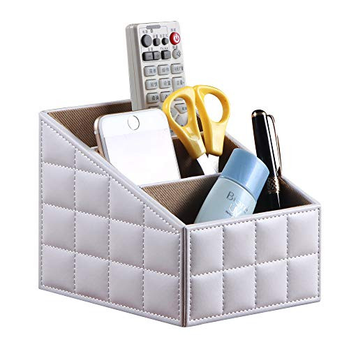 Laikesj Leather Remote Control Holder with 3 Grid Desktop Storage Office Controller for Media Mail Calculator Mobile Phone and Pen Storage Remote Control and Caddy Holder White grid