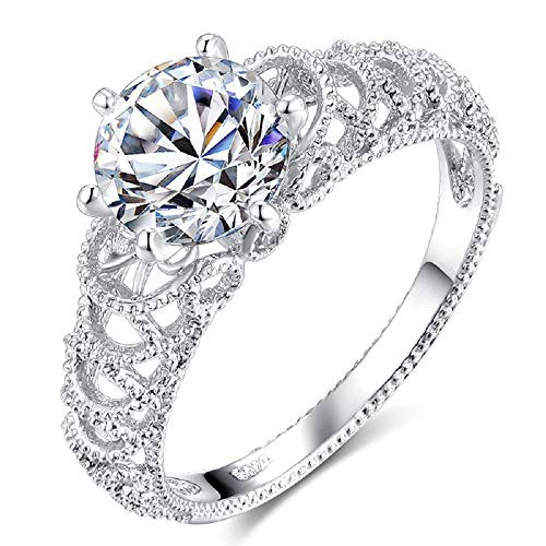 Wedding Rings for Women Engagement Ring Set 925 Sterling Silver Rhodium Plated Sterling Silver Round Cubic Zirconia CZ Art Deco Halo Milgrain Engagement Ring Size 6-9_ 9 Wedding Rings for Women Engagement Ring Set 925 Sterling Silver Rhodium Plated Sterling Silver Round Cubic Zirconia CZ Art Deco Halo Milgrain Engagement Ring Size 6-9_ 9