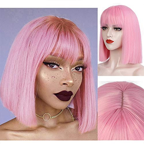 Short Straight Dark Brown Bob Wigs with Bangs 11 inch Synthetic Daily Party Cosplay Hair Wig for Black Women Jet black color Pink