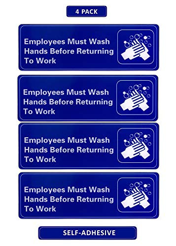 Employees Must Wash Hands Before Returning to Work Sign Blue Plastic Signs with Adhesive Back for Business and Office 9 x 3 Inch Pack of 4