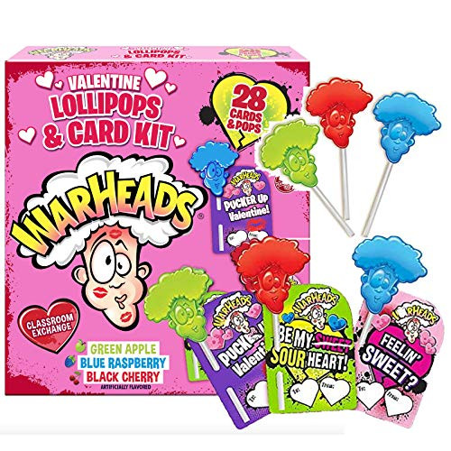 Valentines Day Warhead Lollipop and Card Classroom Exchange Kit Bulk Flavored Candy Birthday Party Favor Individually Wrapped With Assorted Flavors 28 Count