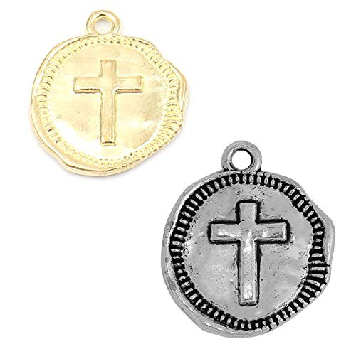 JGFinds Cross Charm Pendants 20 of Each Antique Look Almost 1 Inch Silver Tone and Gold Tone Rounds