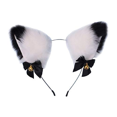 Fxaelian Animal Anime Faux Fur Fox Wolf Cat Dog Ears Headband with Bells Halloween Cosplay Costume Party Headpiece Hair Accessories for Women Girls Adult Kids Bells White Black