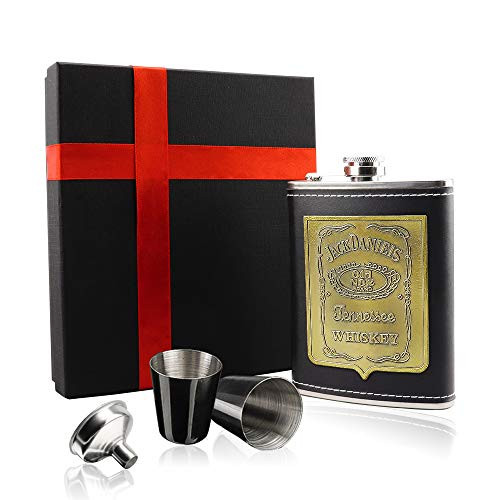 OneBom OneBom Pocket Flask, Leather Hip Liquor Flask Set with Shot Glass & Funnel, for Groomsmen Wine Lover`s Gift Box (Black)