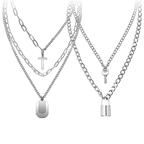 Lock Chain Necklace Eboy Chains Statement Lock Key Pendant Necklace Sliver Set Egirl Long Multilayer Chains Punk Choker 2 Set5 layer