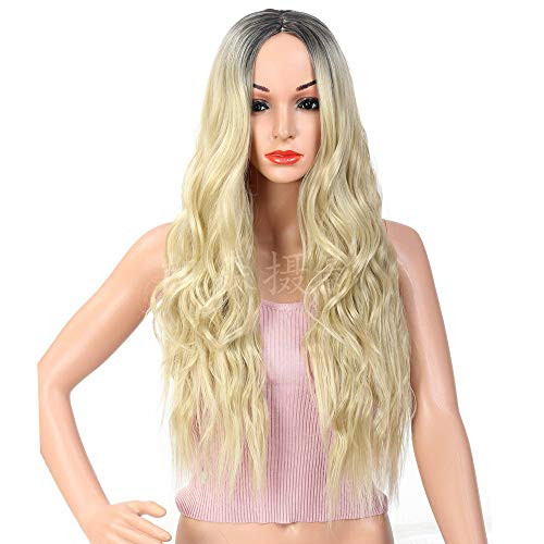 Long Wavy Blonde Wig Ombre Curly Synthetic Wigs for Women Cosplay Blond Color Two Tone Natural Middle Part Wig Blonde