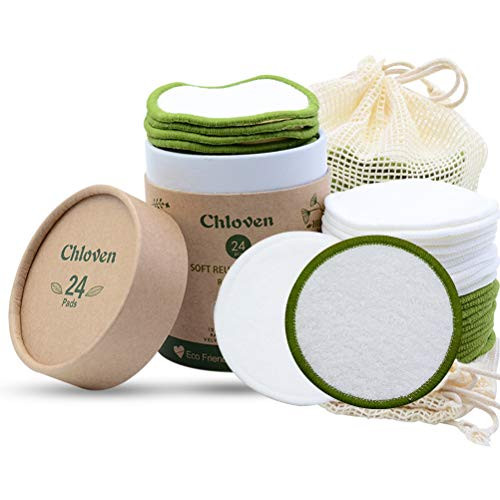 Chloven Reusable Makeup Remover Pads 24 Pack - Washable Eco-Friendly Bamboo Velour Pads for all Skin TypesBamboo Reusable Cotton Rounds for Toner with Cotton Laundry Bag And Round Box for Storage