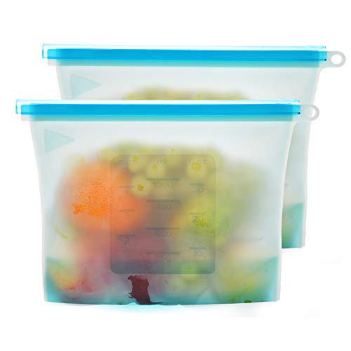 2pcs Reusable Silicone Food Storage Bags with Ziplock for Sous Vide Cooking Sandwich Liquid Snack Lunch Fruit Vegetable Meat Freezer Airtight Seal