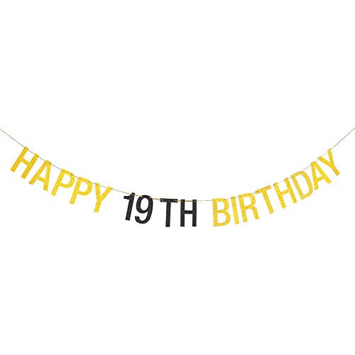 Halawawa Happy 19th Birthday Banner Boys Girls 19th Birthday Party Decorations Nineteen Years Old Birthday Photo Props Cheers to 19 Years Hanging Banner - Gold and Black