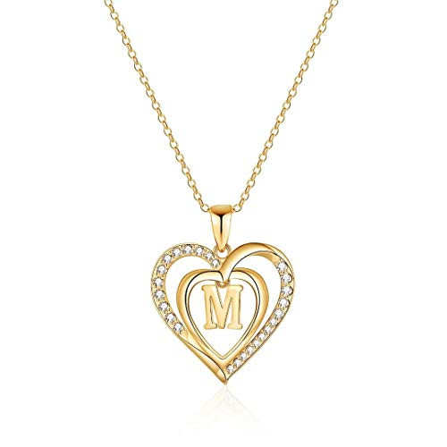 Initial Heart Necklace for Girls Women Cubic Zirconia 14K Gold Plated Dainty Letter M Initial Heart Pendant Necklace for Girls Women Kids Jewelry Toddler Mothers Day Valentines Girls Gifts Birthday