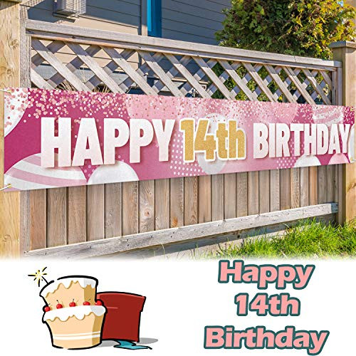 LINGPAR 9_8 x 1_6 ft Large Sign Happy 14th Birthday Banner Pink - Cheers to 14 Years Old Decor