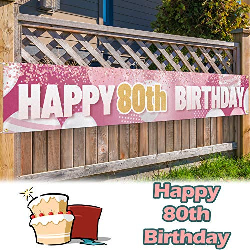 LINGPAR 9_8 x 1_6 ft Large Sign Happy 80th Birthday Banner Gold Pink - Cheers to 80 Years Old Decor