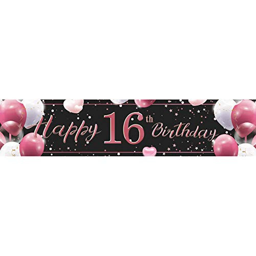 Happy 16th Birthday Banner Backdrop for 16th Birthday Party Decoration Cheers to 16 Years Old Birthday Photo Background Supplies for Girls Black Pink