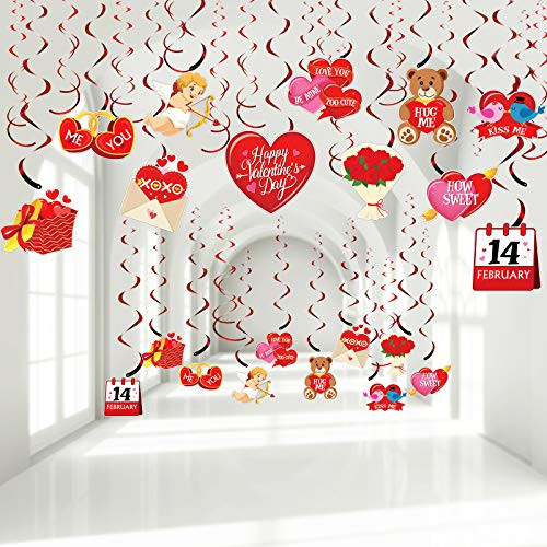 30 Pieces Valentines Day Hanging Swirl Decorations Foil Swirl Ceiling Decorations Conversation Heart Teddy Bear Cupid Romantic Sign Decor Supplies Party Favors for Valentines Day Wedding Anniversary