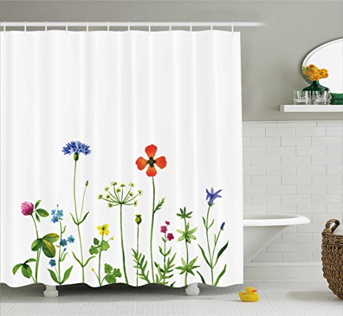 Ambesonne Floral Shower Curtain by, Rural Meadow Flower Field with Blooms Spring Summer Botany Nature Country Image, Fabric Bathroom Decor Set with Hooks, 70 Inches, Multicolor