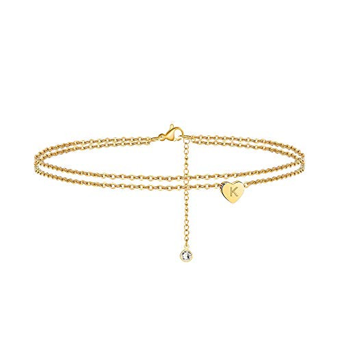 Ursteel Initial Ankle Bracelets for Women 14K Gold Plated Ankle Bracelet with Initial K Dainty Layered Heart Gold Anklets for Women Teen Girls