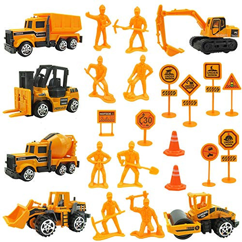 VegKey Construction Vehicles Truck Toys Set Construction Toy Trucks Grab Loader Road Roller Excavator Construction Traffic Sign Set Toy for 3 4 5 6 Years Old Kids Boys and Girls