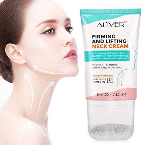 Neck Firming Cream with Roller Massage Neck Tightening Cream Neck Moisturizer Anti Wrinkle Anti Aging Neck Lifting for Neck Helps Repair Neck Double Chin Crepe Skin-120ML