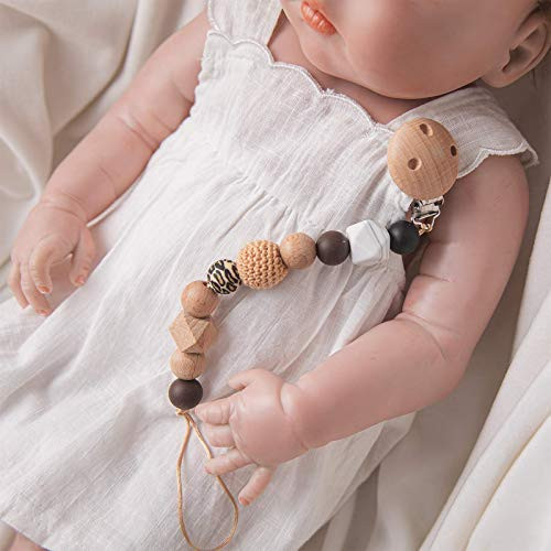 Pacifier Clips Baby Silicone Wood Beads Pacifier Holder Crochet Beads Pacifier Accessories Teether Toys for BabiesBrown