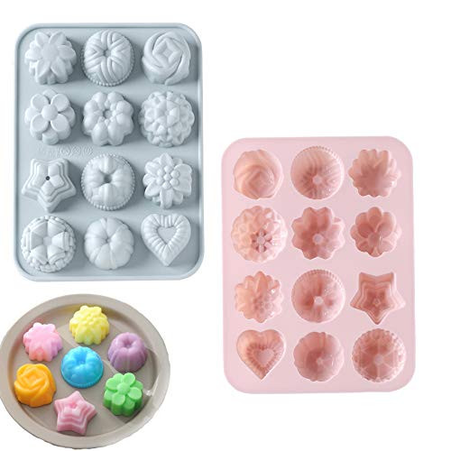 Silicone Flowers Molds Baking Pan with Flowers and Heart Shape Non-Stick 2-Pack Silicone Molds for Chocolate Candy Jelly Ice Cube Muffin Pink Grey