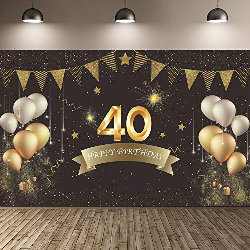 Happy 40th Birthday Party Backdrop Banner 40th Birthday Party Decorations Supplies Fabric Black and Gold Sign Poster for Happy 40th Birthday Party Photo Booth Backdrop Background Banner