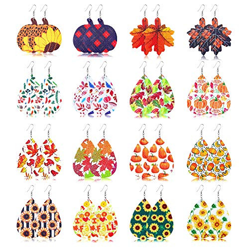 Florideco 16 Pairs Fall Faux Leather Earrings for Women Autumn Teardrop Dangle Earrings Set Pumpkin Sunflower Maple Leaf Thanksgiving Jewelry B Florideco 16 Pairs Fall Faux Leather Earrings for Women Autumn Teardrop Dangle Earrings Set Pumpkin Sunflower Maple Leaf Thanksgiving Jewelry B