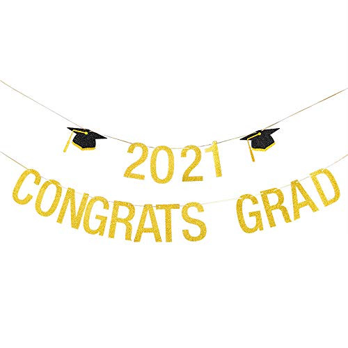 Halawawa 2021 Congrats Grad Sign Banner Congratulations Grad 2021 Graduation Party Bunting Decor Decorations Suppliers Backdrop - Gold Glitter