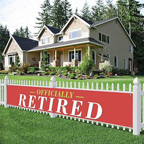 Large Officially Retired Banner Retirement Theme Yard Sign Lawn Sign Red Happy Retirement Party Outdoor Indoor Backdrop 9_8 x 1_6 Feet