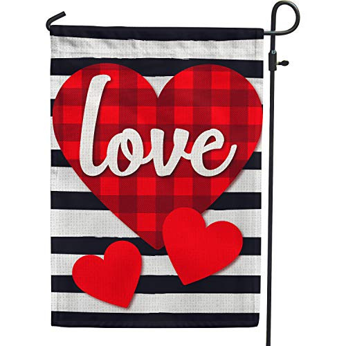 Valentines Day Garden Flag 12x18 Double Sided Burlap Striped Buffalo Check Plaid Hearts  and  Love Flags for Valentines Day Yard Outside Decoration