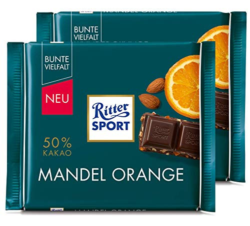 Ritter Sport Dark Almond  and  Orange Chocolate Bar Candy Original German Chocolate 100g3_52oz Pack of 2