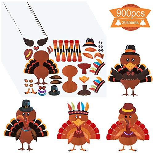 Make-A-Turkey Stickers Thanksgiving Stickers DIY Turkey Stickers Kits Thanksgiving Party Favors Supplies Crafts Party Game Thanksgiving Decorations Design Your Own Turkey - 20 Sheets