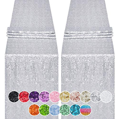 Hahuho 2PCS 12x72 Inch Sequin Table Runner Silver Glitter Table Runner for Party Wedding Bridal Baby Shower Event Decorations?2PCS 12x72 Inch Silver?