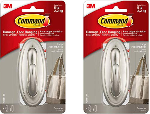 Command Large Traditional Hook Brushed Nickel Holds 5 lbs 1 Hook 2 Strips 17053BN-ES - 2 Pack
