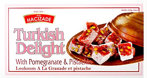 Hacizade Turkish Delights Pistachio and Pomegranate 1 Pound Box 454gr or 16 ounces Hacizade pomegranate and pistachios full size box