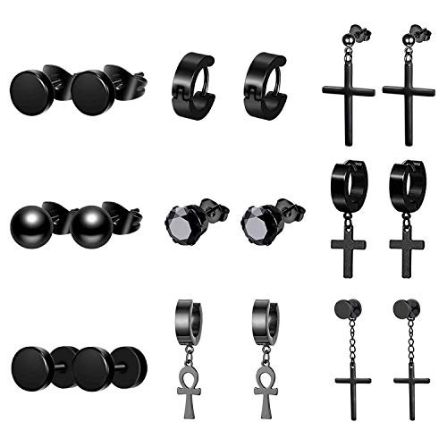 Aroncent 9 Pairs Black Stud Earrings Cross Dangle Earrings Fake Gauges Earrings Cross Huggie Hinged Hoop Earrings for Men Women Stainless Steel Earring Set