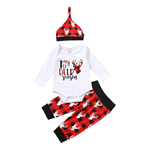 Infant Baby Girl Boy Christmas Outfit My 1St Deer Romper Bodysuit Red Plaid Pants Set with Hat Xmas Clothes White Plaid 9-12 Months