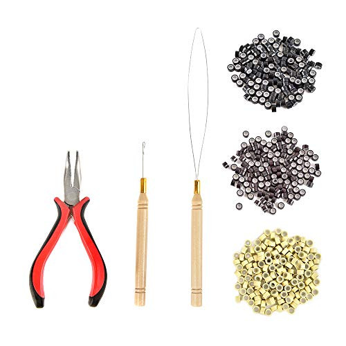 Hair Extension Tools Kit  Pliers - Pulling Hook - Bead Device Tool Kits with 600 Pieces 5mm Silicone Lined Micro Rings Black Dark Brown Blonde