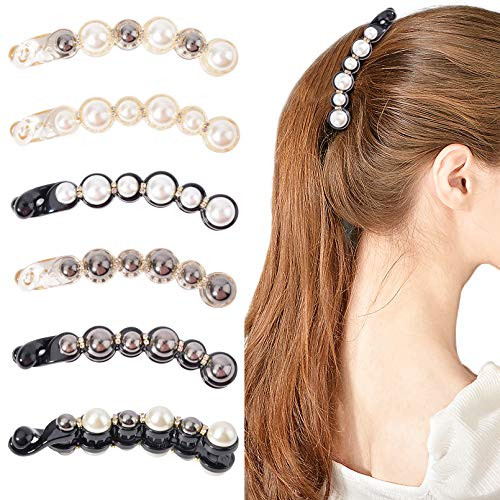 DEEKA 6 PCS Pearl Hair Clip Banana Clips Ponytail Holder Banana Hair Clips Thick Fine Hair Clip French Barrettes Rhinestones Jaw Clips for Women and Girls