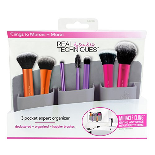 Real Techniques 3 Pocket Expert Organizer Grey, Easily Mounts to Mirror, Wall, Dresser, or Tile, Holds Makeup, Makeup Brushes, Blenders, and Tools