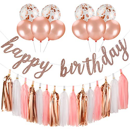 Happy Birthday Banner Rose Gold and Tissue Paper Tassels Garland and 15Pcs Rose Gold Balloons Confetti Balloons- Rose Gold Birthday Party Decorations Rose Gold Birthday Banner Rose Gold Birthday Sign 13th Birthday Banner
