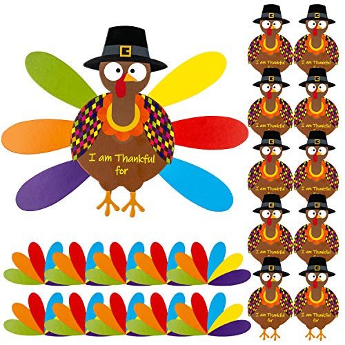 N - A 10 Pieces Thanksgiving Craft Turkey Paper Craft Kits with Colorful Feathers and Adhesive Dots for Thanksgiving Party Craft Activities