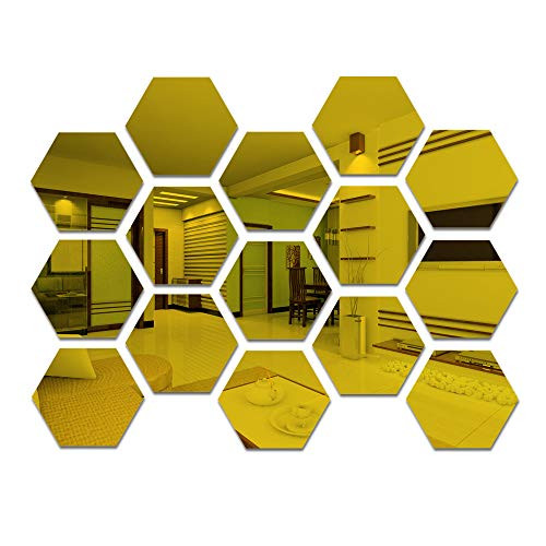 15 pcs Hexagon Acrylic Gold Wall Mirror Sticker Mirror Wall Decor Mirror Self Adhesive Mirror Tiles Aesthetic for Bedroom Living Room 3_6Gold
