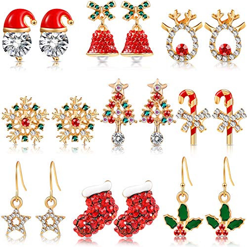 9 Pairs Christmas Crystal Earrings Set Xmas Style Stud Earring Snowflake Christmas Tree Elk Bell Star Drop Dangle Earrings for Girls Women 9 Pairs Christmas Crystal Earrings Set Xmas Style Stud Earring Snowflake Christmas Tree Elk Bell Star Drop Dangle Earrings for Girls Women