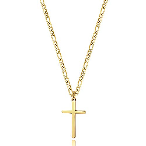 14K Gold Filled Cross Necklace for Men Figaro Chain Stainless Steel Plain Polished Cross Pendant Necklace Simple Faith Jewelry Gift for Boy Women Girls 16 14K Gold Filled Cross Necklace for Men Figaro Chain Stainless Steel Plain Polished Cross Pendant Necklace Simple Faith Jewelry Gift for Boy Women Girls 16