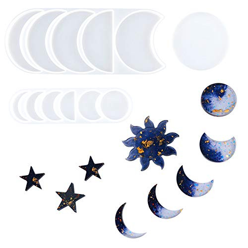 4 Pcs Silicone Epoxy Resin Molds Moon Stars Sun Phase Set DIY Lunar Eclipse Crescent Tray Molds Resin Casting Molds for Wall Hanging Home Decor Necklace Earring Keychains Crafts Christmas Gifts